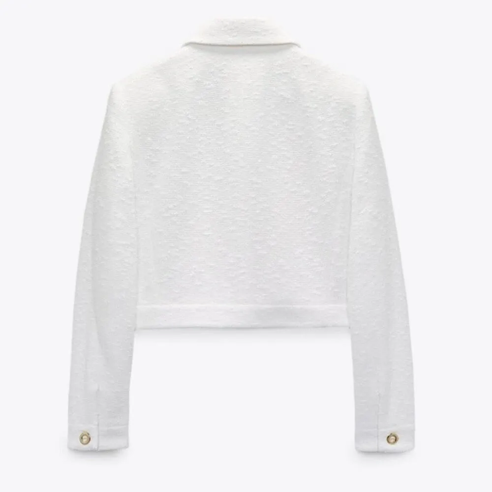 ZARA Textured Cropped Blazer with Gold Buttons In Oyster White Size M - Image 4