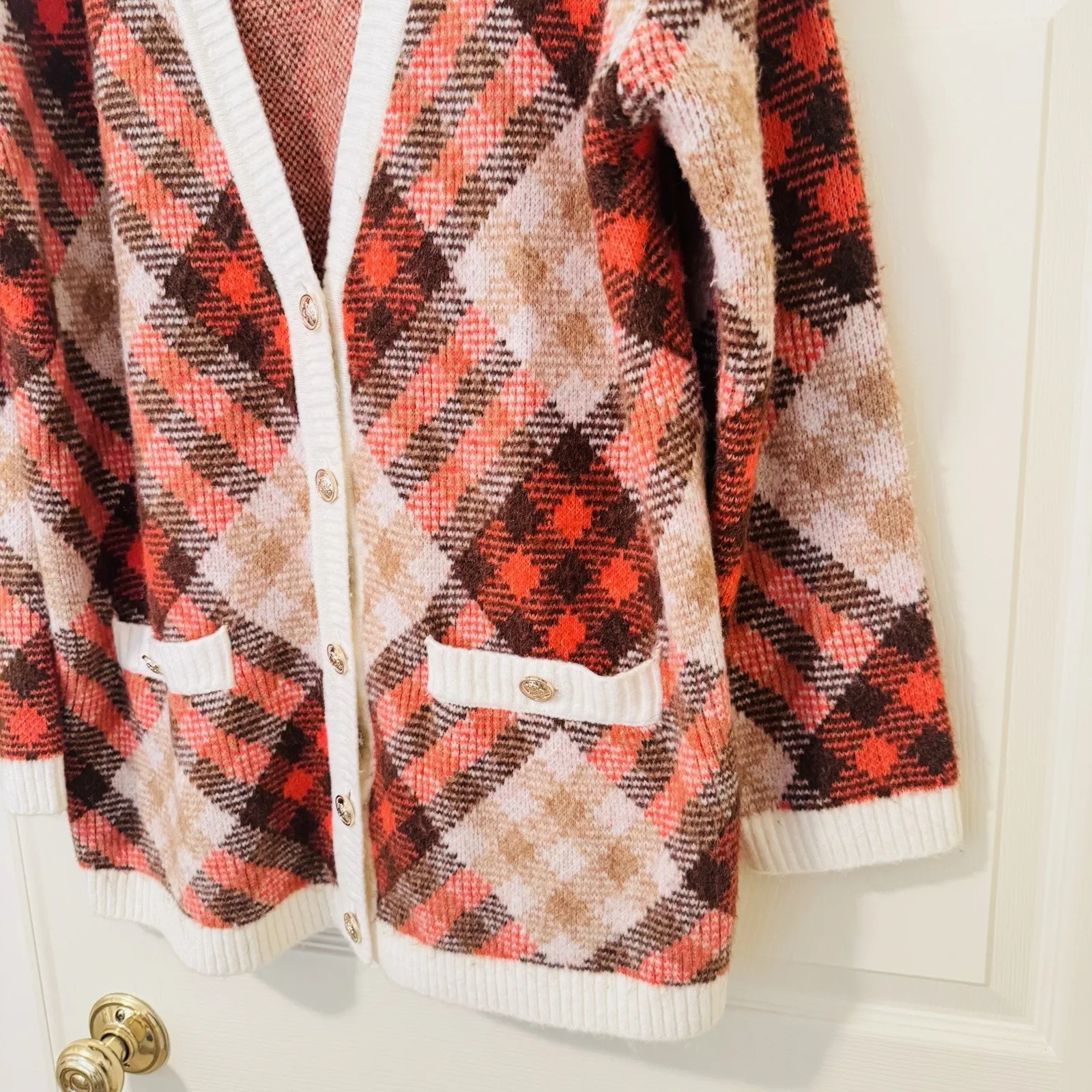 Talbots Womens 2X V-Neck Cardigan Fall Statement Plaid Long Gold Buttons Pockets - Image 2