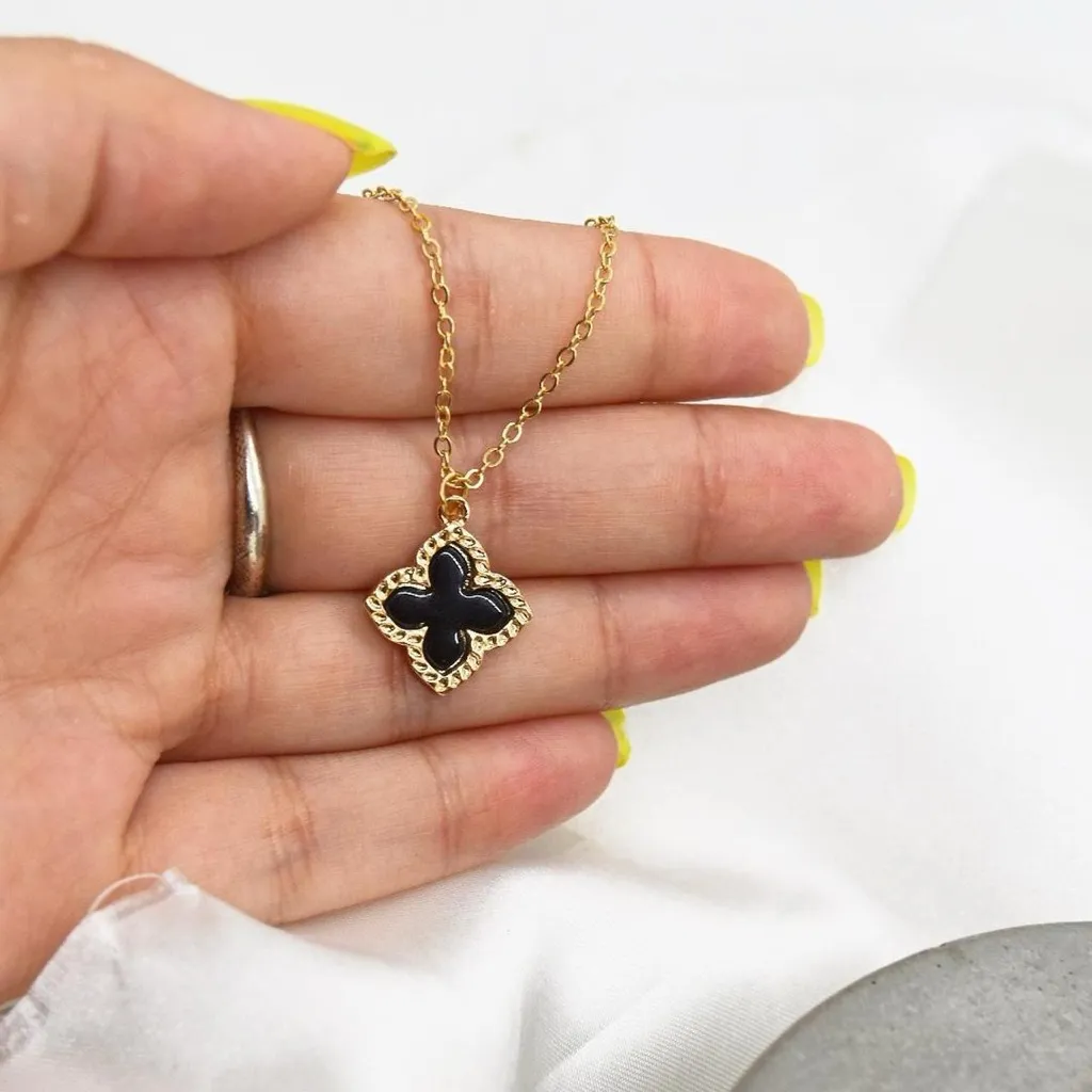 Gold Necklace with Black Clover Pendant - Image 5