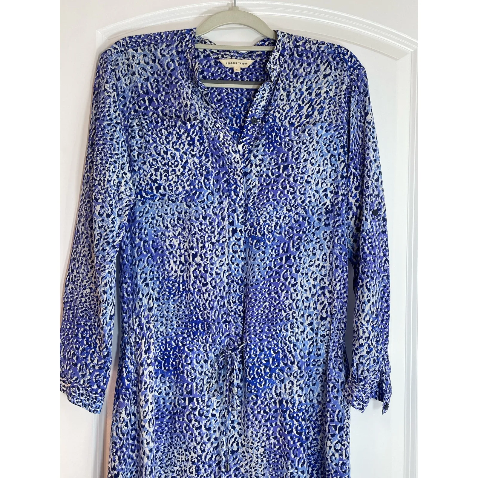 Rebecca Taylor Silk Mini Dress Size 2 Blue Leopard Print Fairy Core Boho Preppy - Image 4