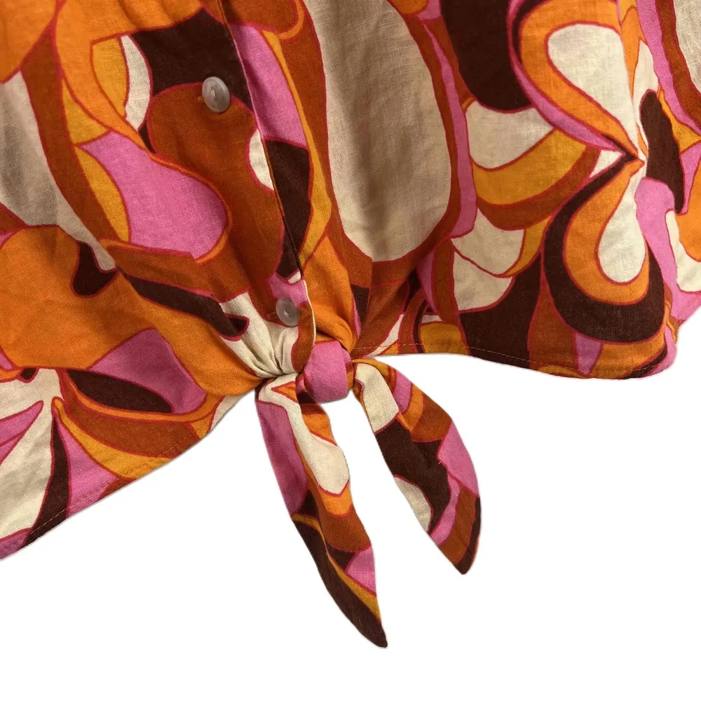 Ava + Viv Pink Red Floral Linen Cotton Blend Tie Front 70s Retro Blouse 2X Orange - Image 3