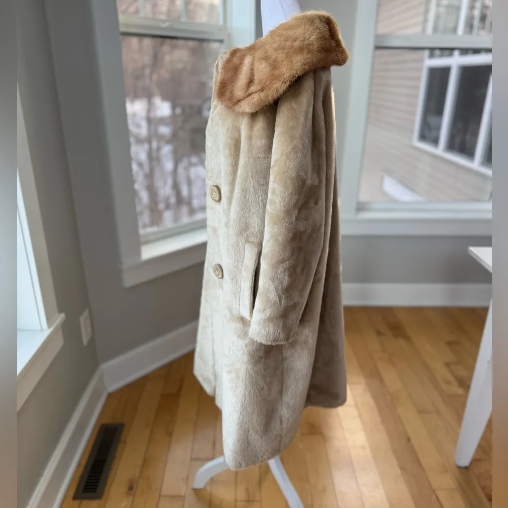 Vintage Brazotta Blond Light Ivory Mink Fur Portrait Collar Faux Fur Dress Coat Tan Size M - Image 4