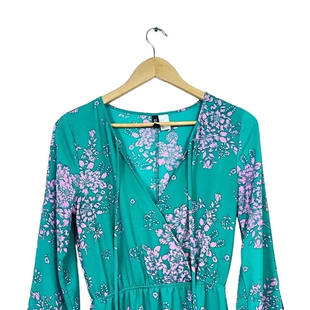H&M Divided Green V-Neck Floral Maxi Dresses Size 6 Long Sleeves - Image 4