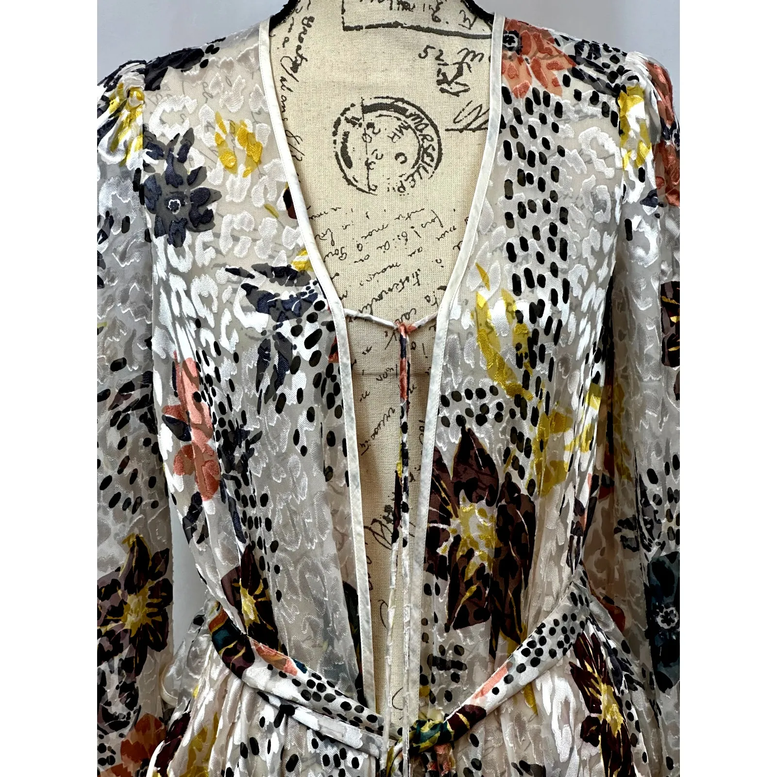 Free People Floral Print Cropped Silk Blend Burnout Kimono XS - Image 6