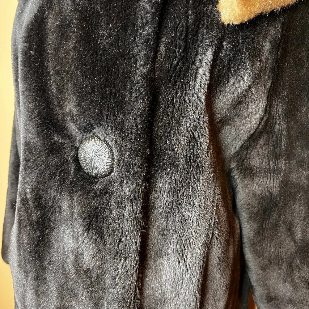 VTG 50s/60s Womens Coat Sz L Fur Black Brown Midi Large Collar Mad Men Retro - Image 3