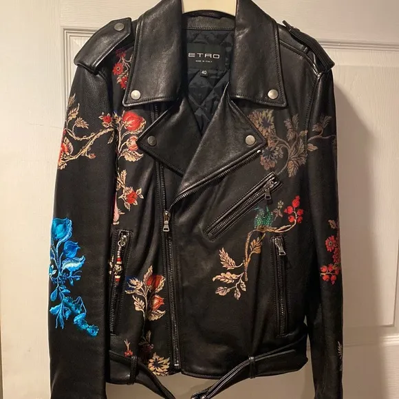 Etro Milano Tiger Print Embroidered Black Leather Motorcycle Jacket size 40 - Image 1