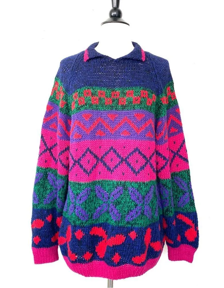 Vintage 80’s sweater bold color cotton ramie Studio Michelle Stuart hand knit Size L - Image 4