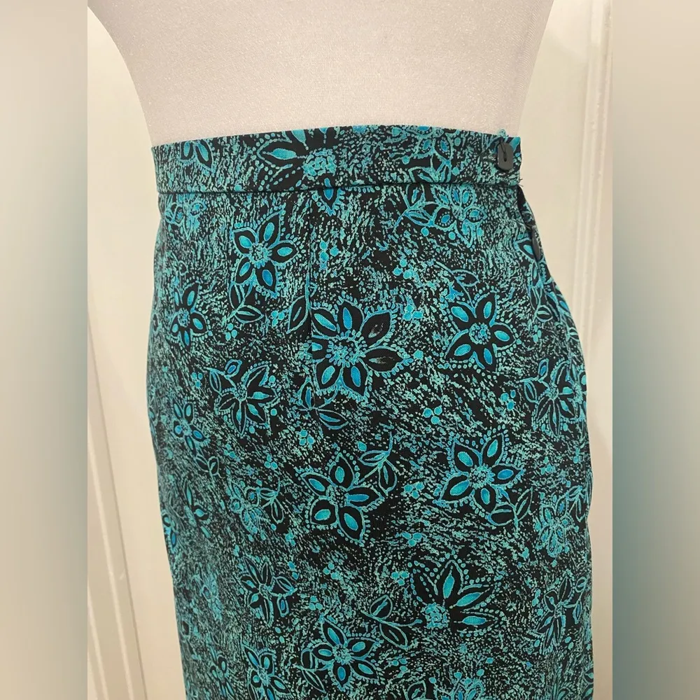 VTG 90s  Black & Teal Blue Floral Patterned Midi Maxi Skirt - 14 - Image 2