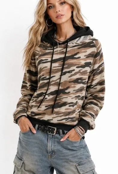 7th Ray Camo Waffle Knit Long Sleeve Hoodie Top Size M - Image 1