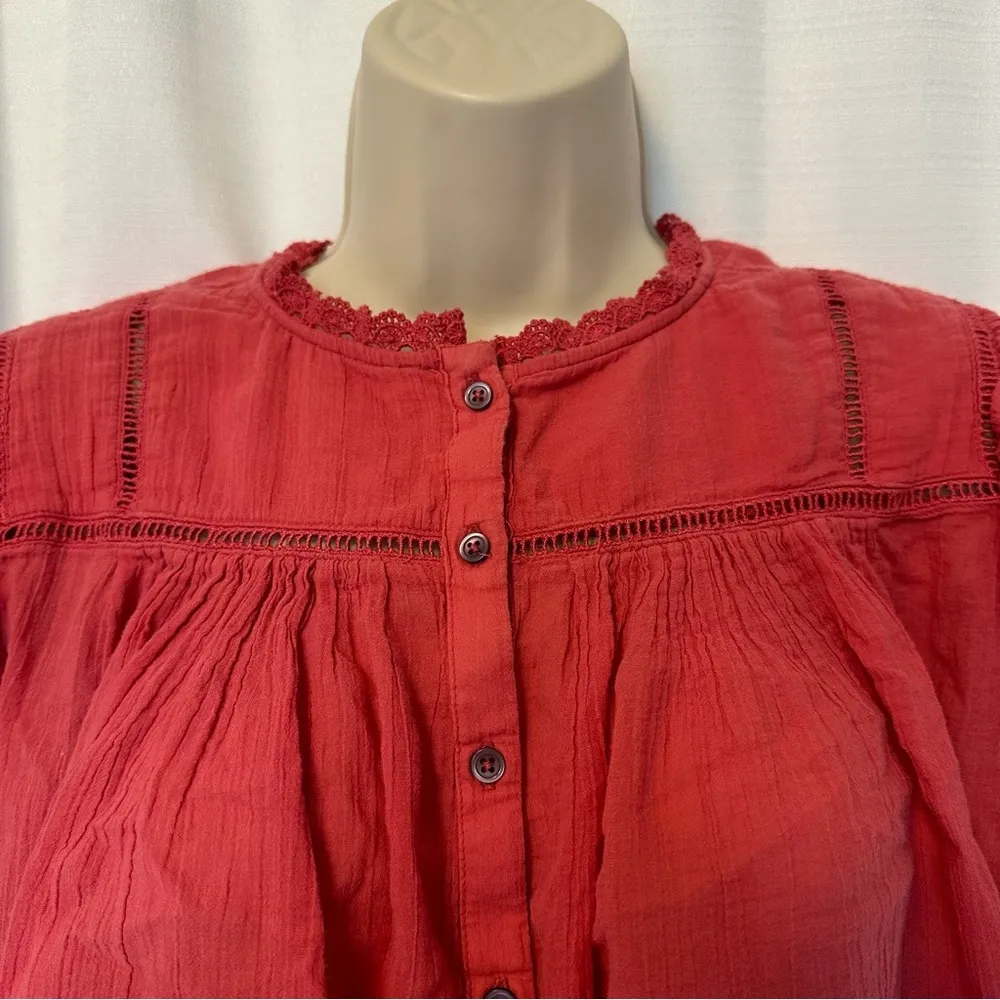 Free People Laura Western Top Red Berry Size XS Boho Embroidered FLAW Repaired - Image 10