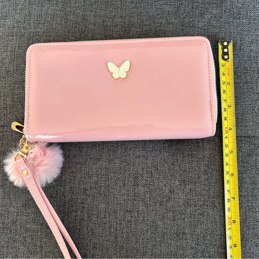 Pink Patent Butterfly Double Zip Around Wallet / Wristlet with Pom Pom Charm - Image 12