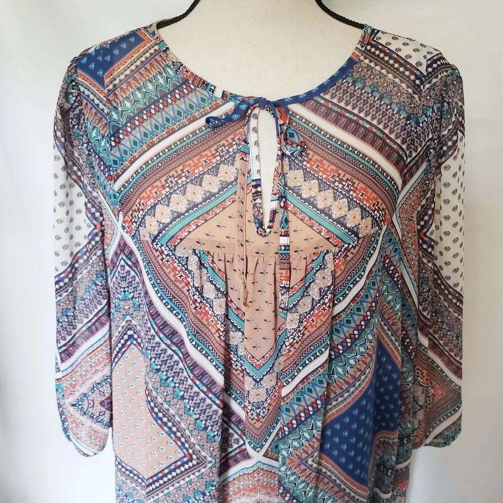 Gibson Latimer Womens Dress Size Medium Tunic Patchwork Boho semi-sheer orange - Image 2