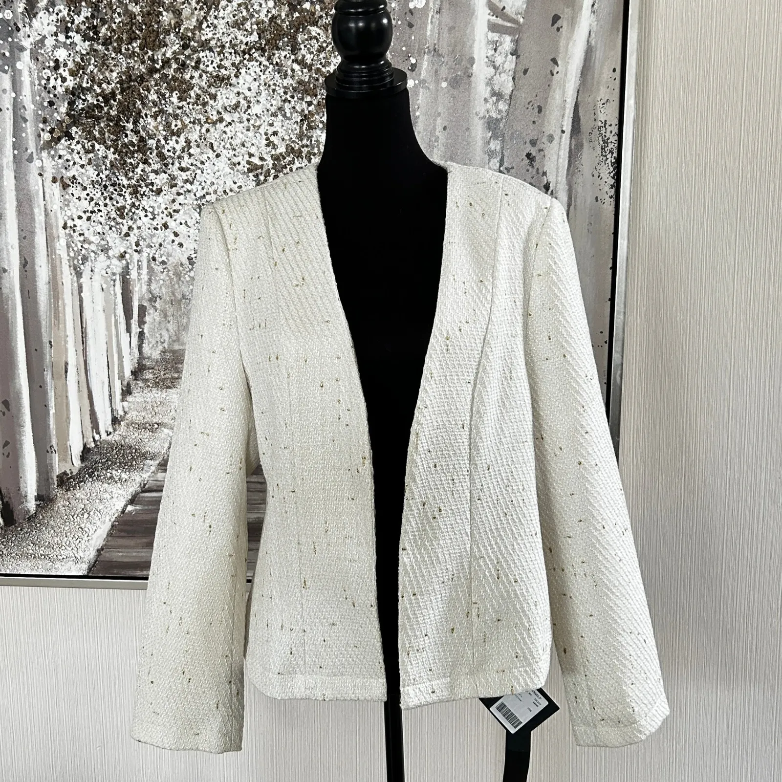 Mina Self Collarless Open Front Fully Lined Elegant Fitted Tweed Blazer NWT - Image 5