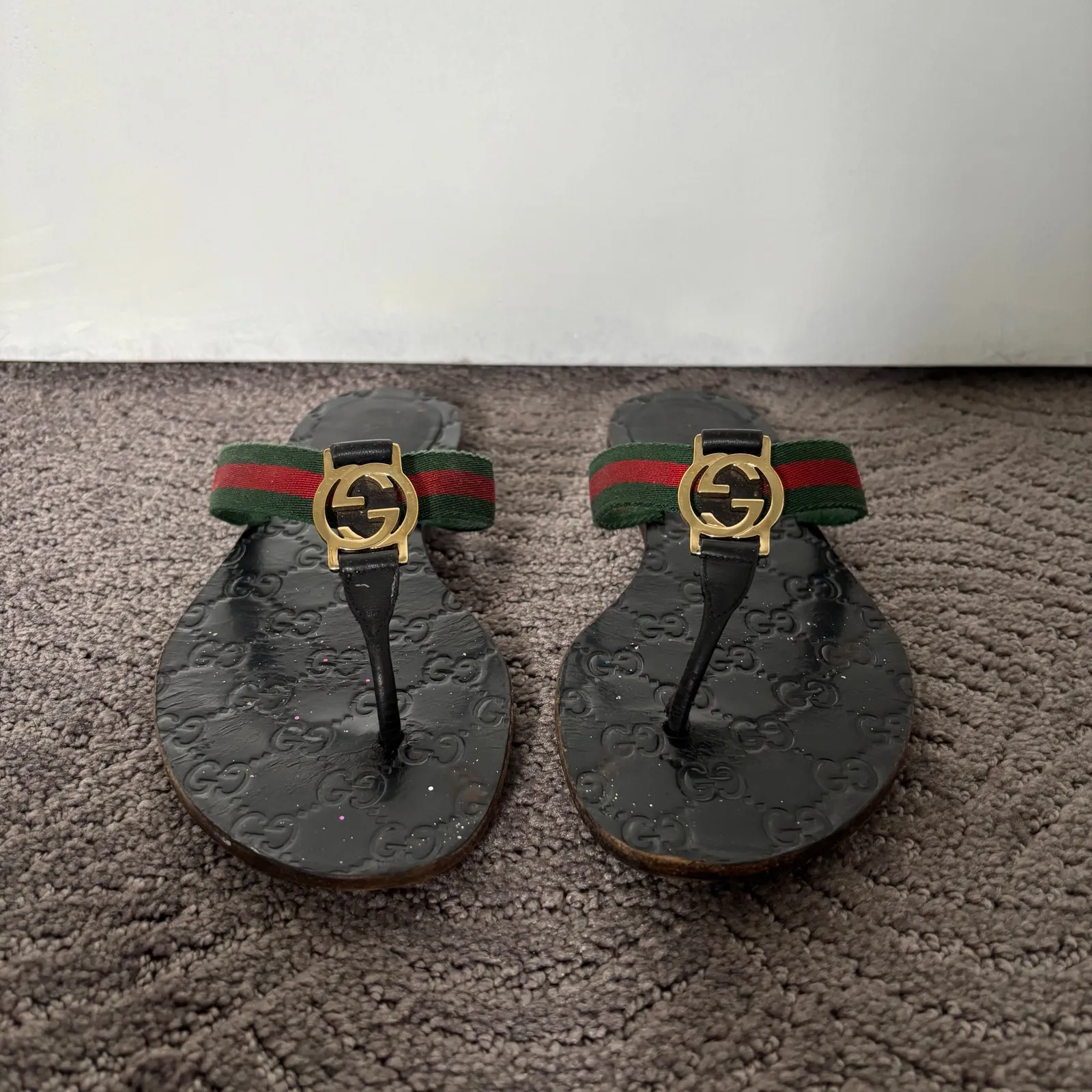 Gucci Interlocking GG Web Stripe Thong Sandals Black Flat Flip Flop Size EU 36.5 - Image 2