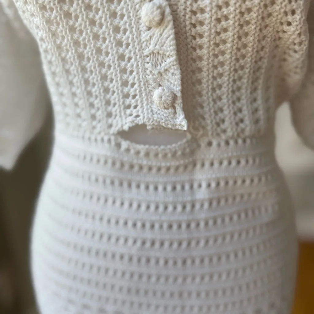 H&M White Crochet Short Flare Sleeve Boho Beach Mini Dress Size XL - Image 3