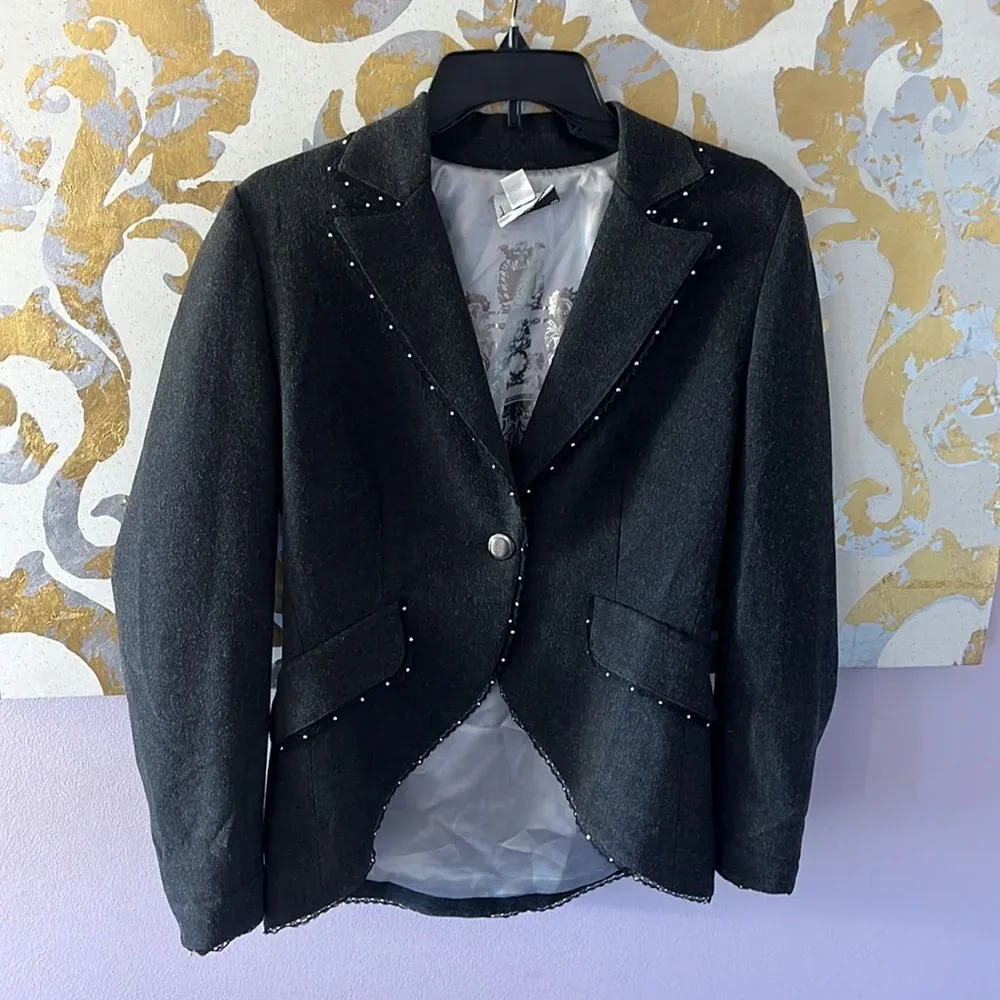 Joseph Ribhoff Size 6 Vintage Charcoal Gray Lace Gem Detail‎ Blazer - Image 9