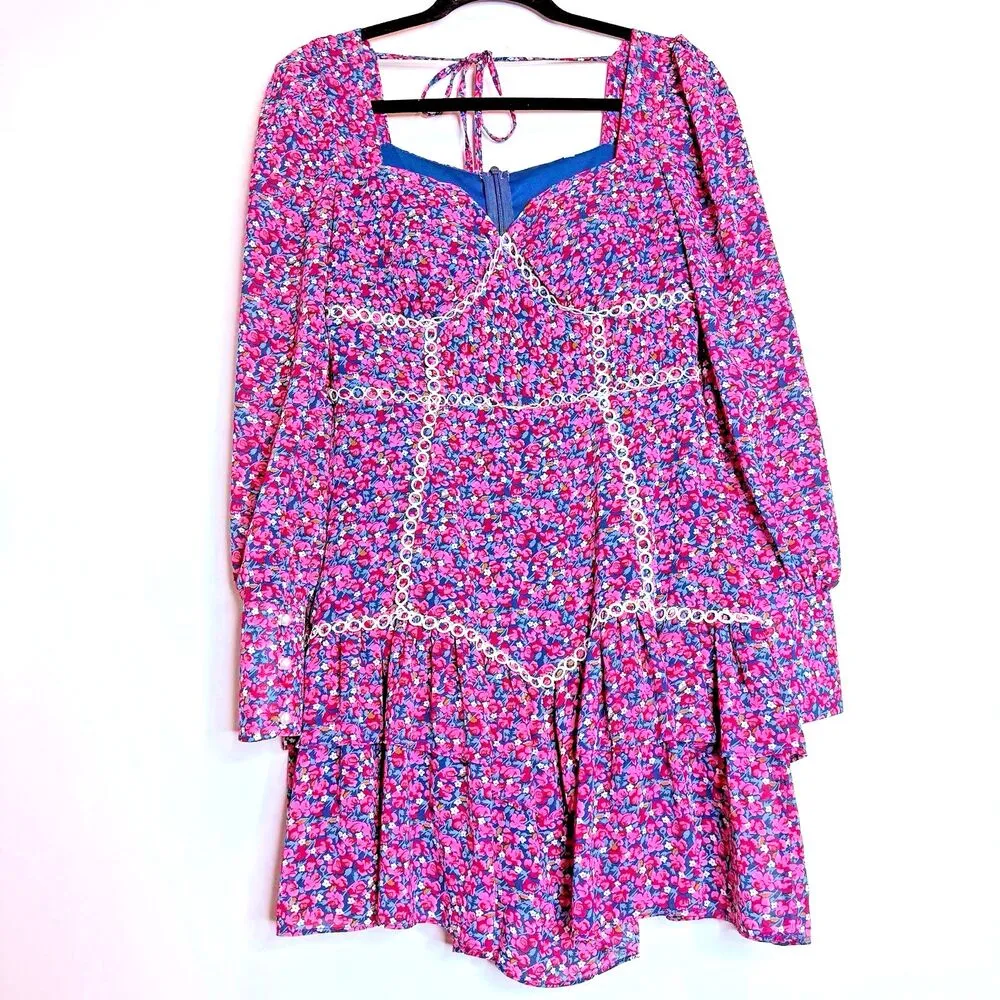 Boho Floral Mini Dress‎ L Women’s Long Sleeve Ruffle Hem Cottagecore Lace Trim Blue Size L - Image 2