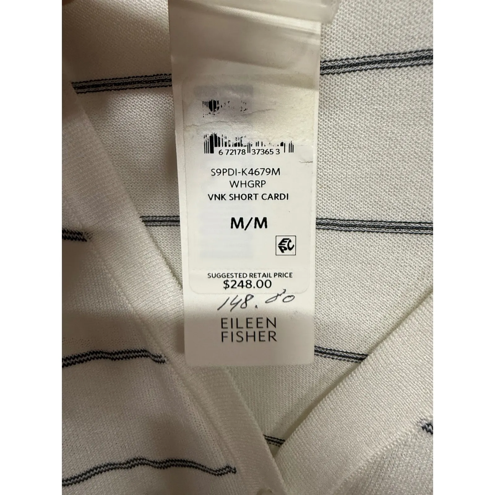 Eileen Fisher White Graphite Striped Tencel Stretch V-Neck Cardigan Medium NWT - Image 5