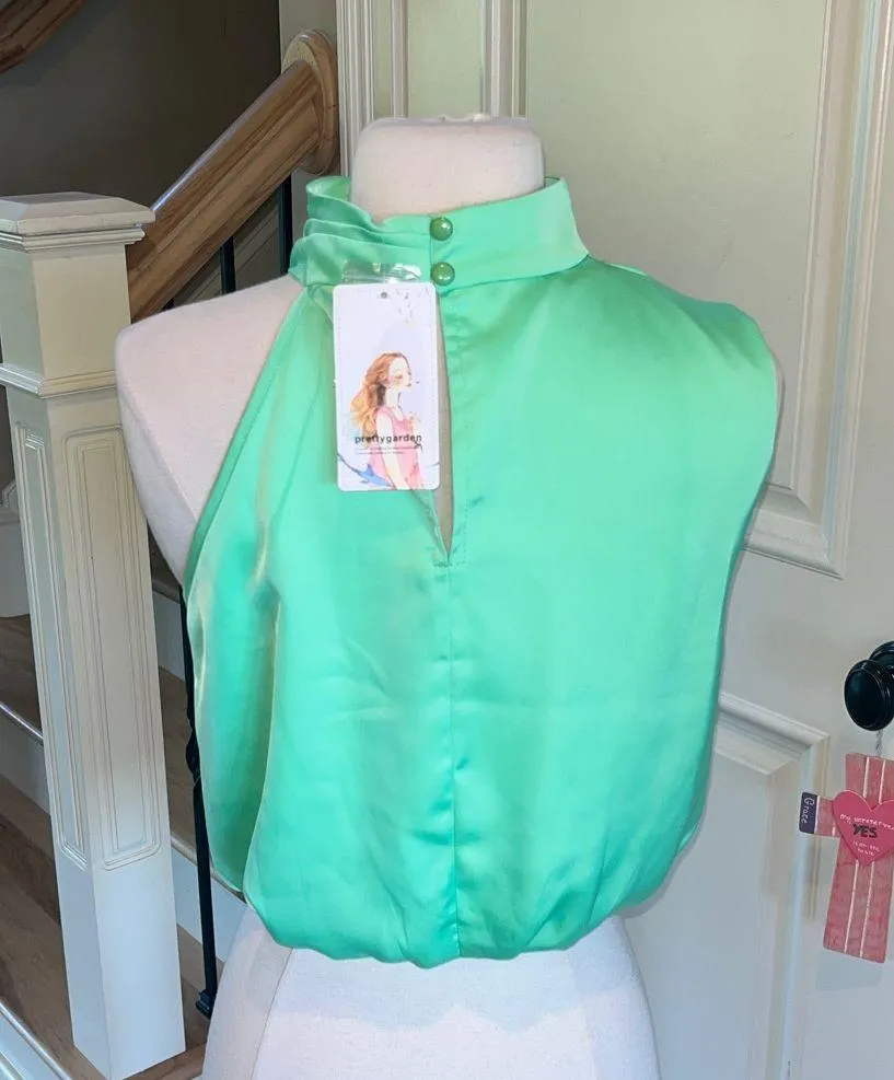 Pretty Garden Mint Green Silky Sleeveless High Neck Bubble Hem Top New - Image 5