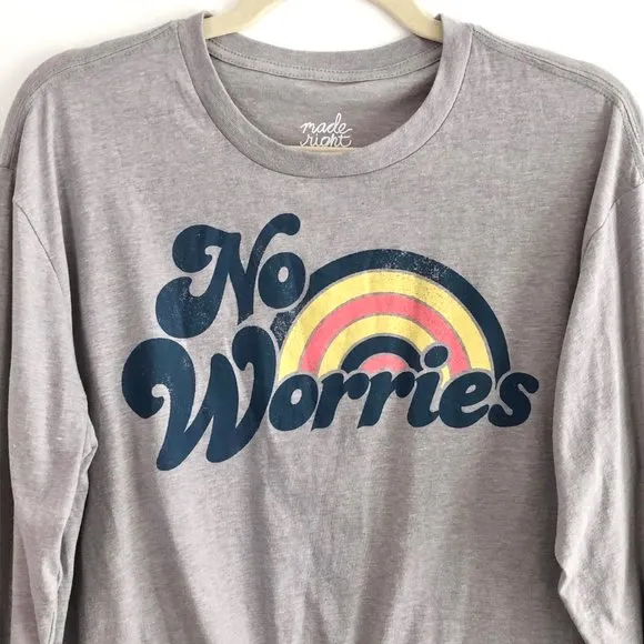 New No Worries Rainbow Tie Hem Cropped Tee Graphic Long Sleeve T-Shirt Grey - Image 6
