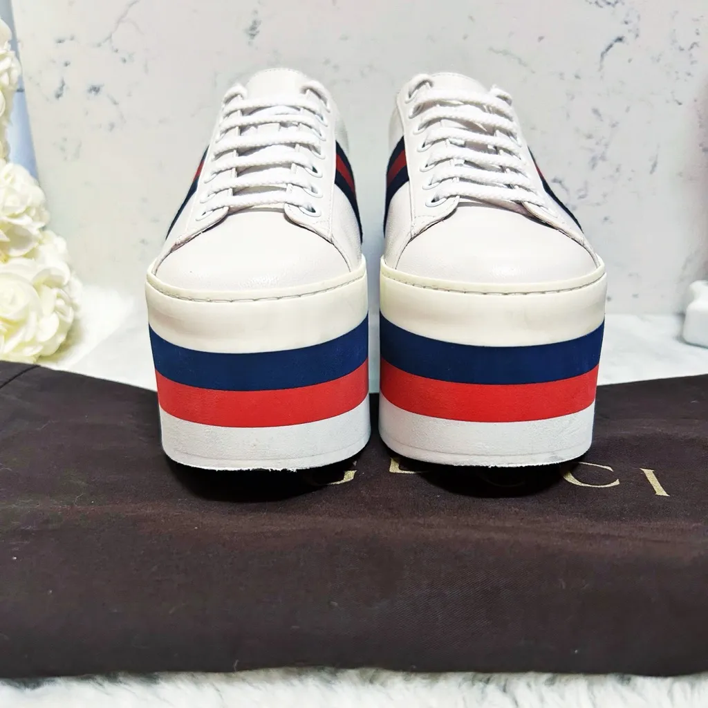 Authentic Gucci Web Striped Peggy Platform Sneakers 37.5 - Image 6