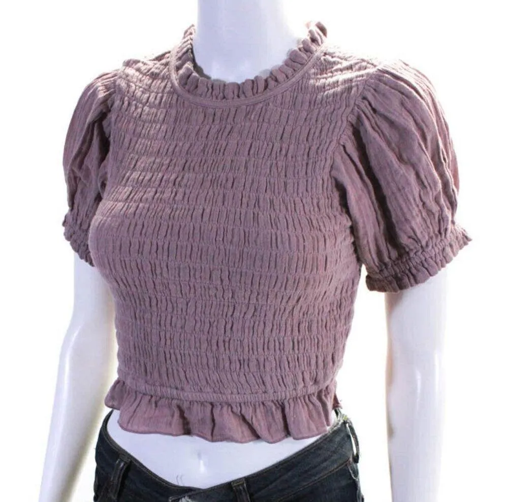 short sleeve crew neck gauze smocked shirt Mauve size XS top - Image 2