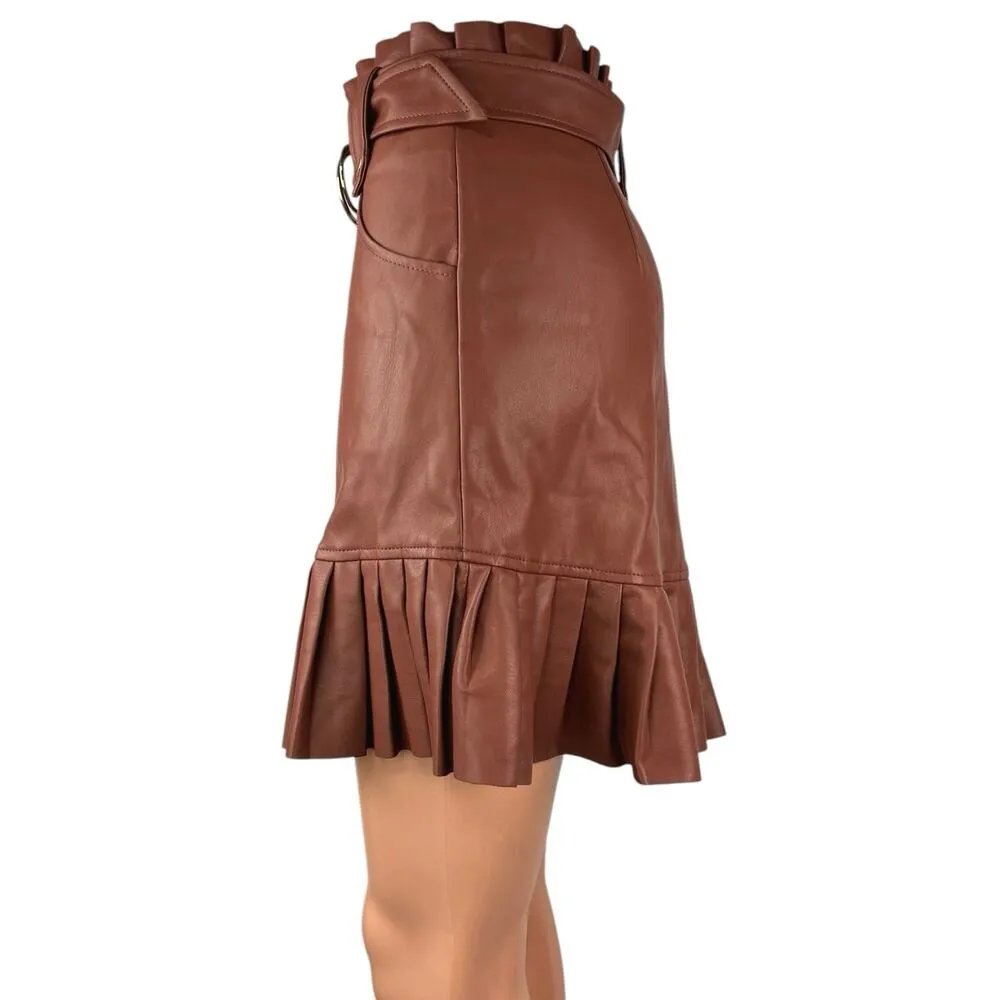Zara Brown Faux Vegan Leather Belted Pleated Straight A-Line Mini Skirt Size XS - Image 2