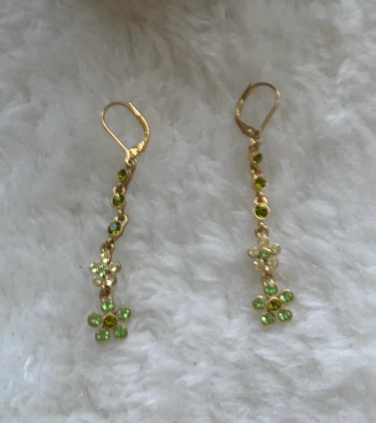 Green & Gold Crystal Floral Flower Dangly Earrings - Image 2