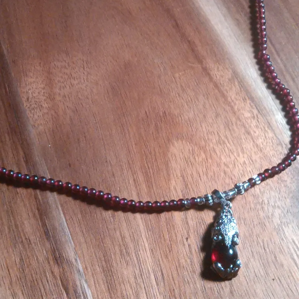 Simulated Ruby and Genuine Mozambique Garnet Silvertone Dragon Pendant Necklace - Image 4