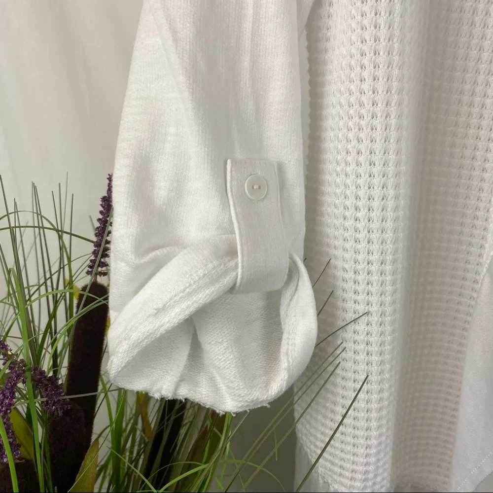 Chico’s White Satin Ruffle & Woven Knit Open Hoodie Cardigan Sweater 0 S - Image 7