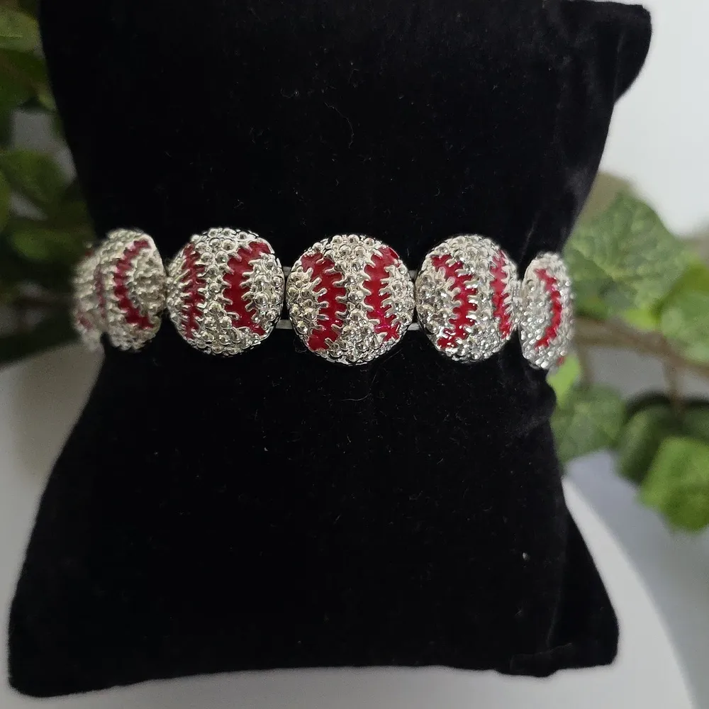 Silver Rhinestone Baseball Stretch Bracelet Red - Image 2