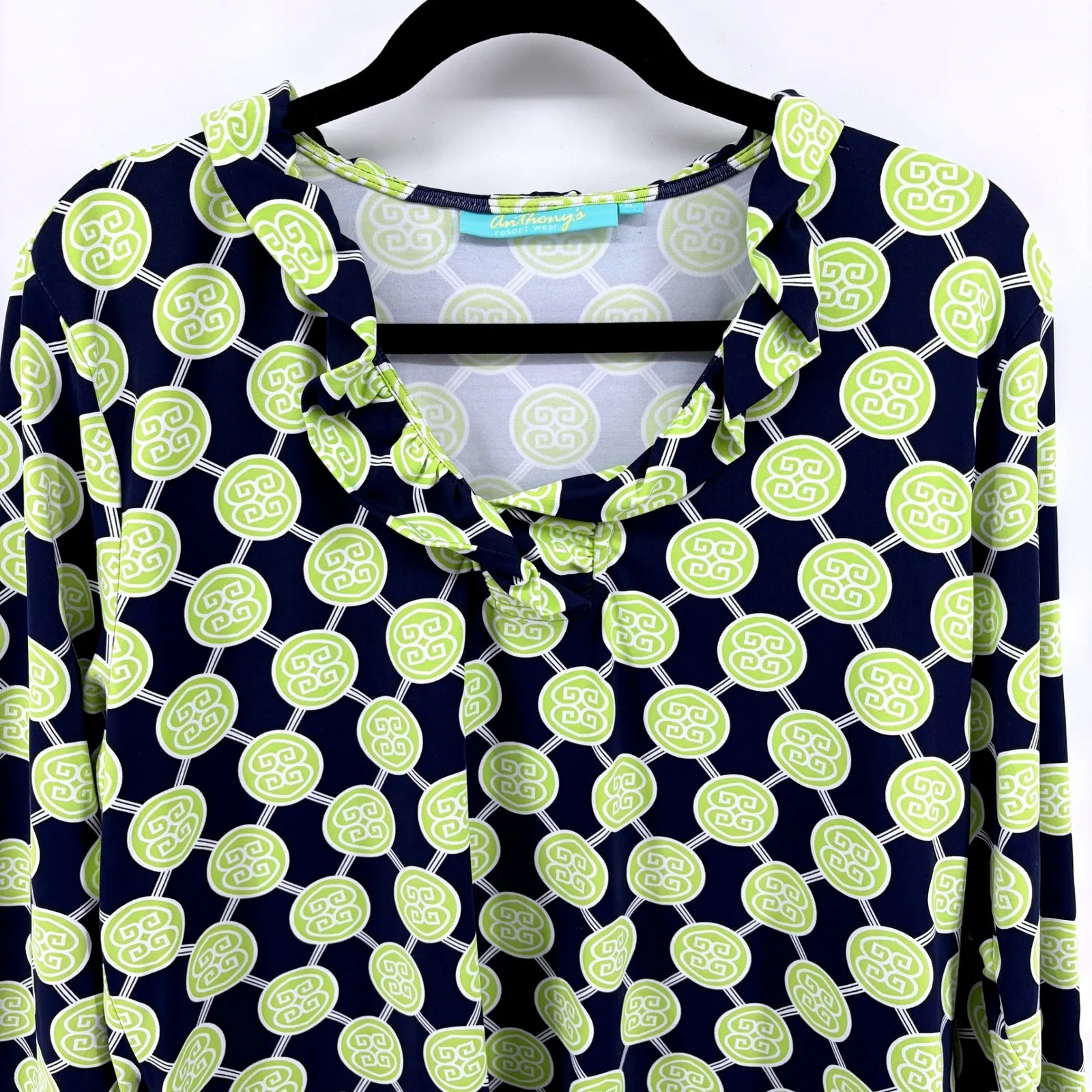 Anthonys Resort Wear Women's XL Navy Lime Geometric Ruffle Neck Stretchy Top Blue - Image 2