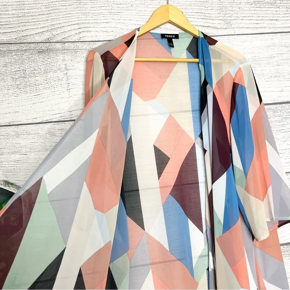 Torrid Multicolor Geometric Chiffon Hi-Lo Duster Kimono Size Medium/ Large - Image 6