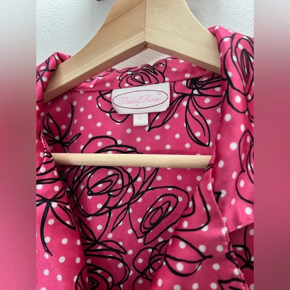 Vintage Satin Bed of Roses Floral Polka Dot Long Sleeve Pajama Dress Size Large - Image 3