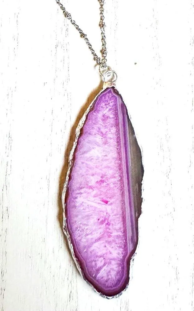 Necklace Pink Agate Geode Slice Silver Leaf Pendant Jewelry - Image 4
