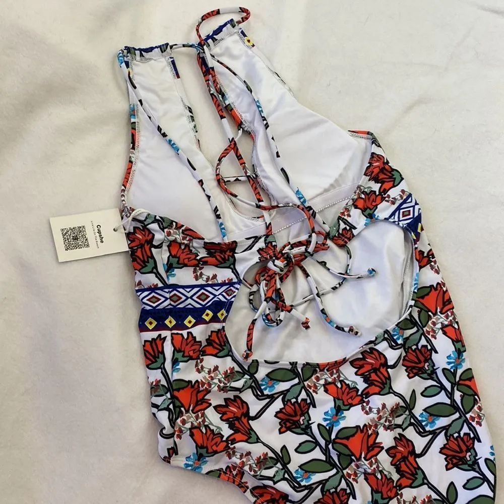 Cupshe White Floral Slide Halter Top 1 Pc. Bathing Swim Suit L NEW - Image 3