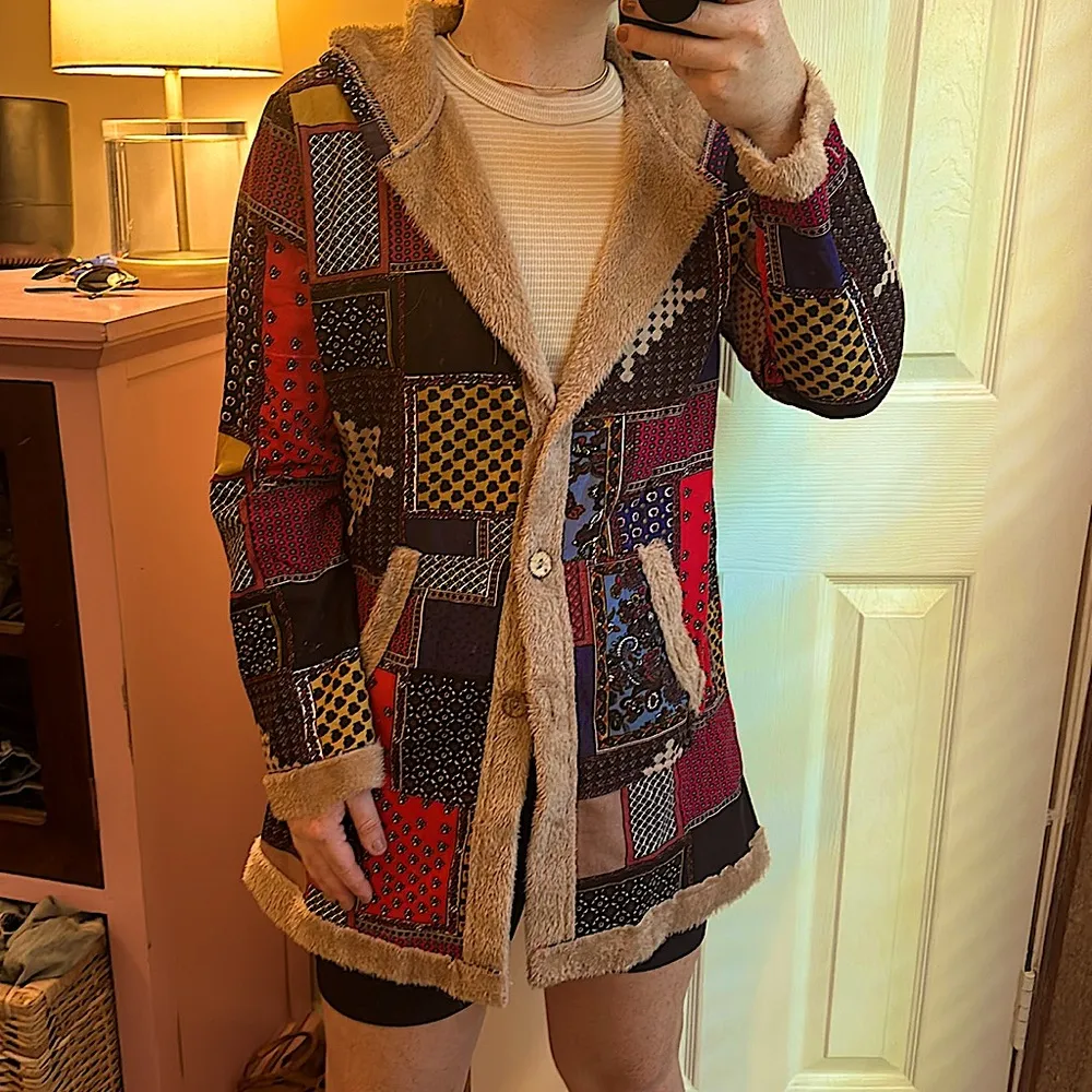 Patterned Fuzzy Lined Hoodie Jacket Tan Size M - Image 3