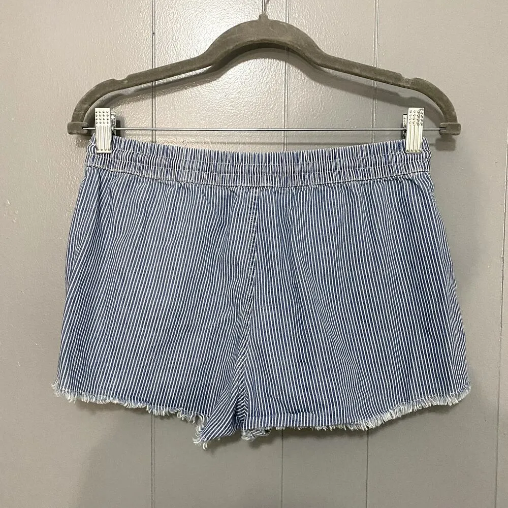 Aerie Blue Striped Chambray Pull-on Raw Hems Summer Beach Boho Shorts M - Image 2
