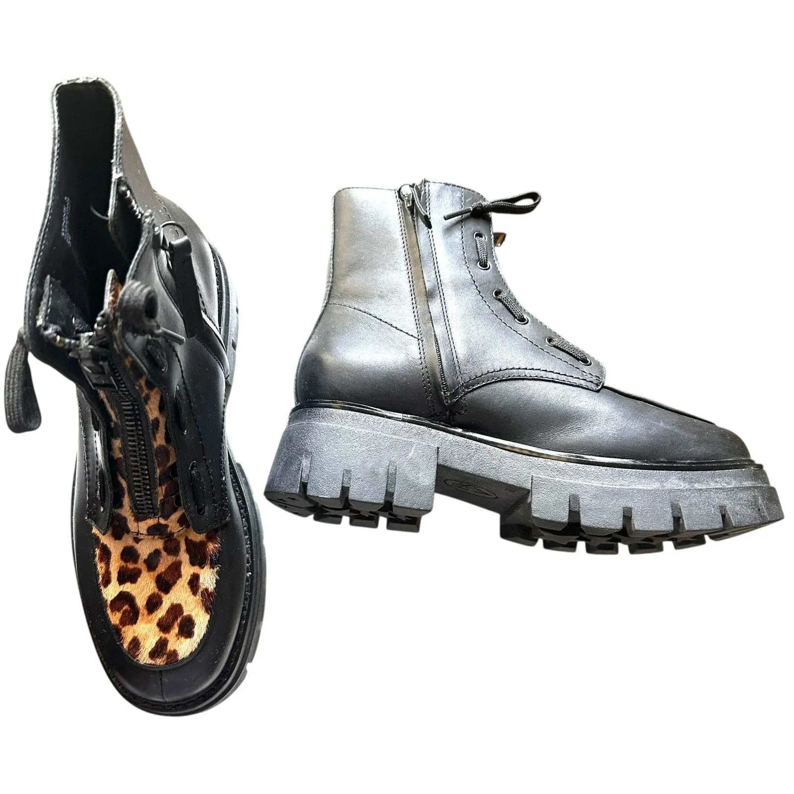 ASH‎ Lynne Leopard Print Black Leather Combat Boots w Box 38 - Image 2