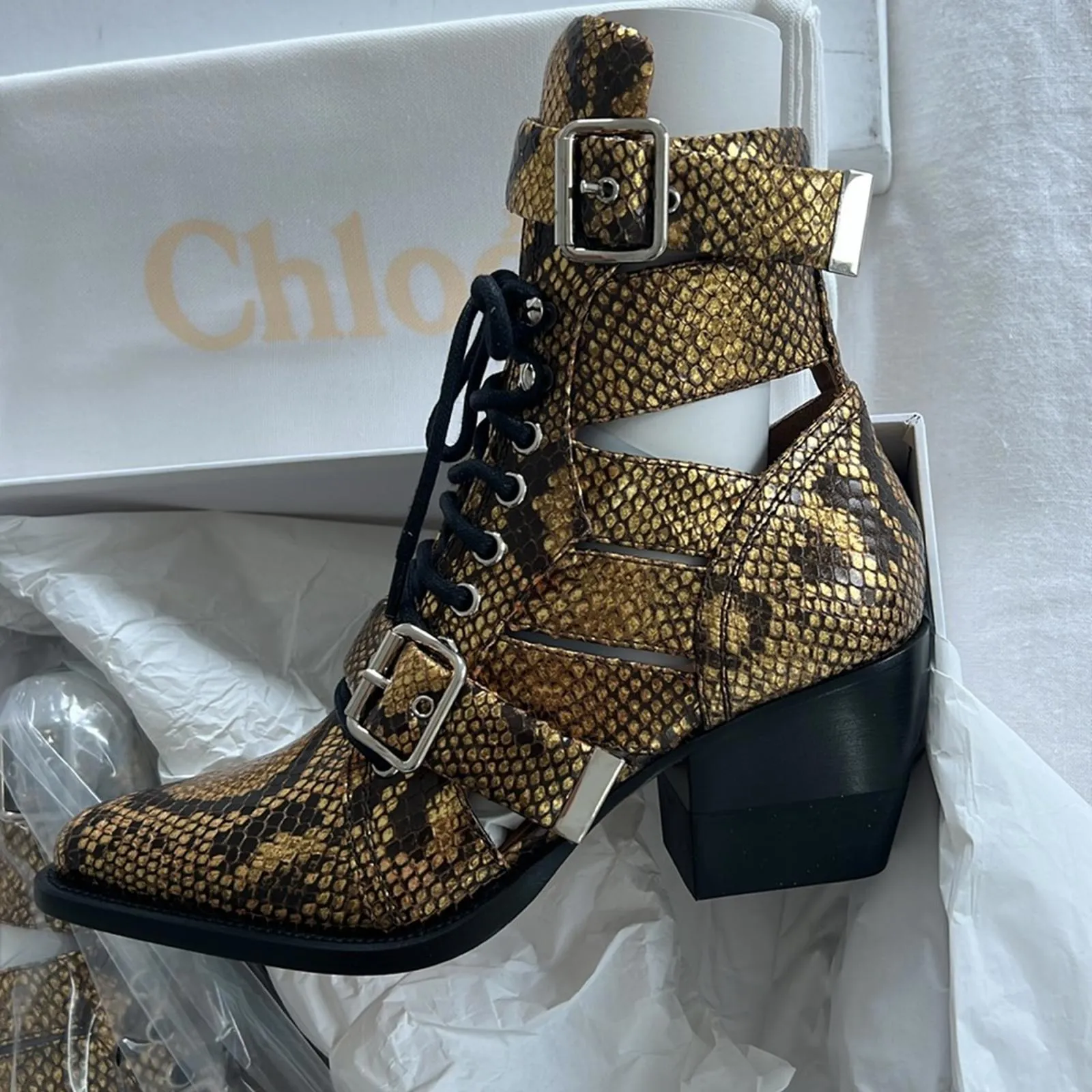 NEW CHLOÉ Rylee Python Caged Cutout Booties Harvest Gold Metallic 36.5 EU $1490 - Image 4