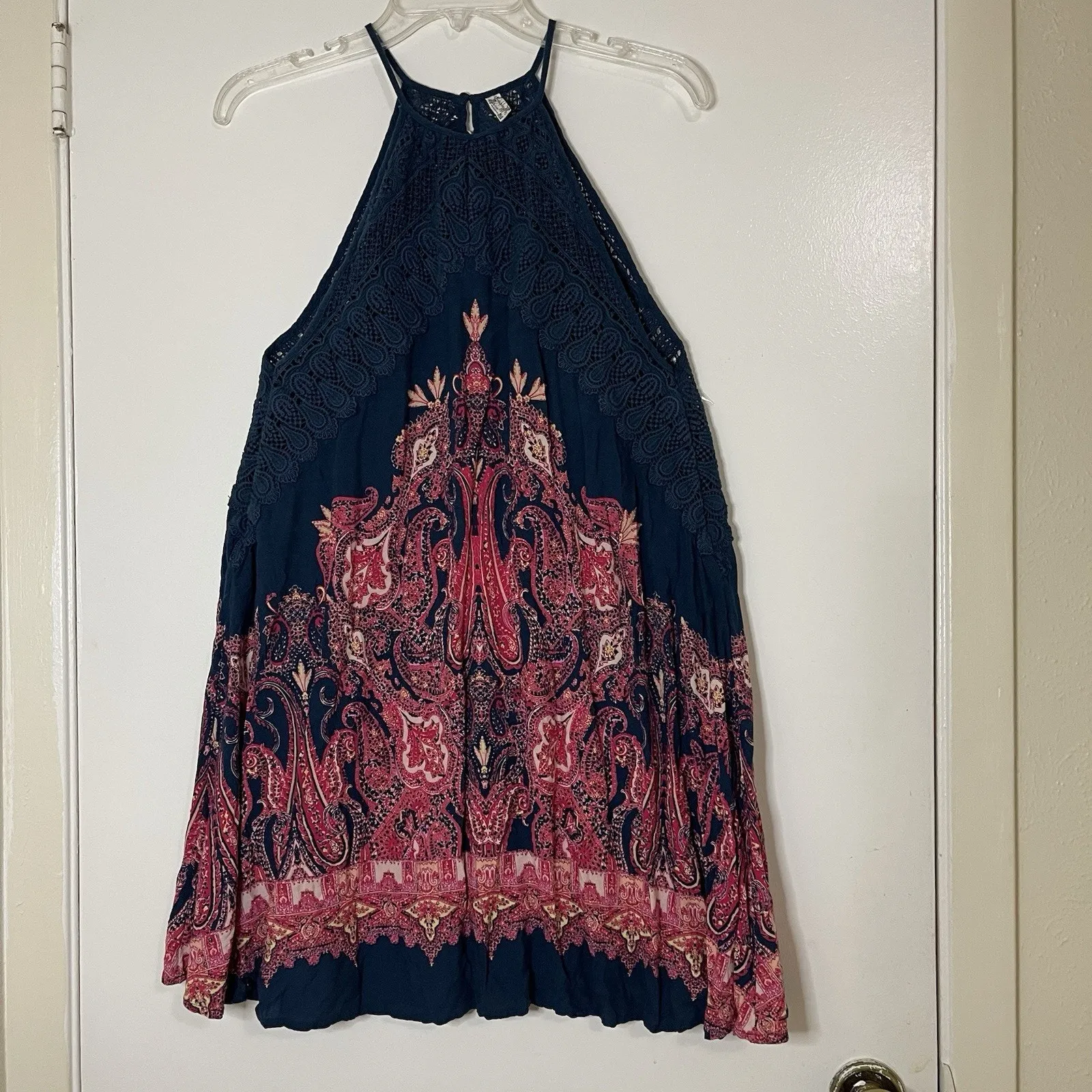FREE PEOPLE intimately Navy Blue Shea Crochet Printed Slip Mini Dress US small - Image 2