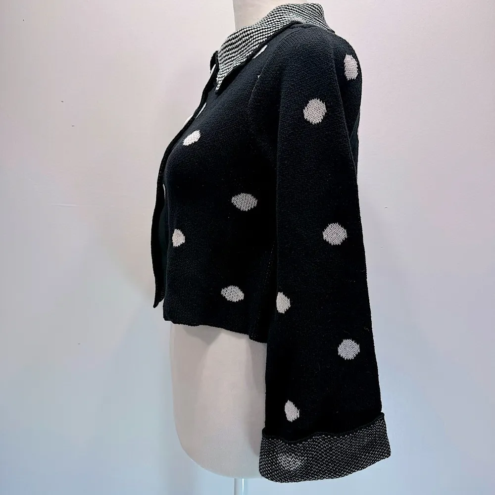 Black & White Polka Dot Cropped Cardigan Sweater w Collar  100% Cotton - Image 5