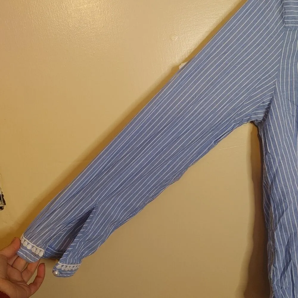 LL Bean Size Large White Blue Long Sleeve Pearl Button Top Stripes Frilly Rose - Image 2