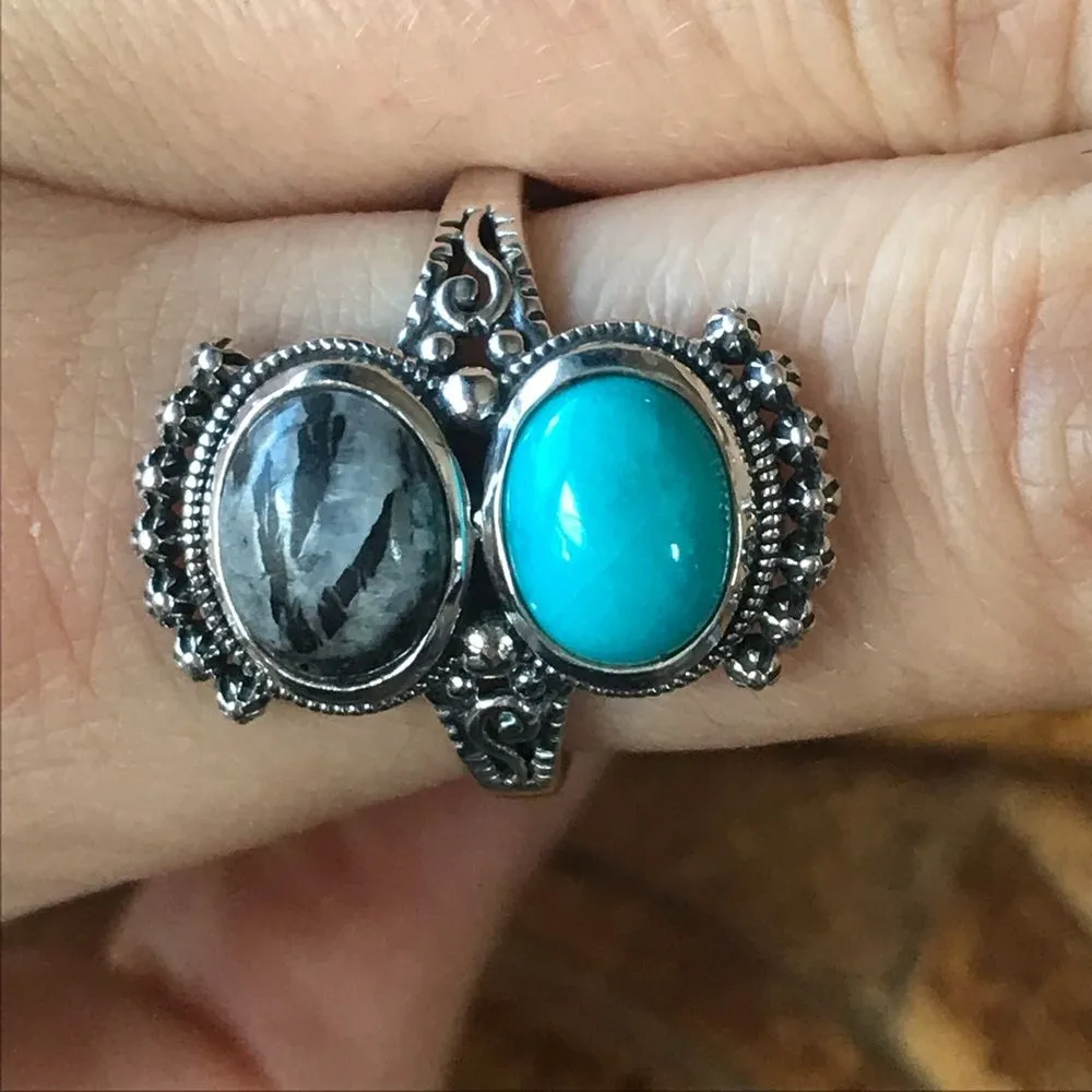 Sleeping Beauty Turquoise White Buffalo Sterling Silver Ring Size 8 - Image 2