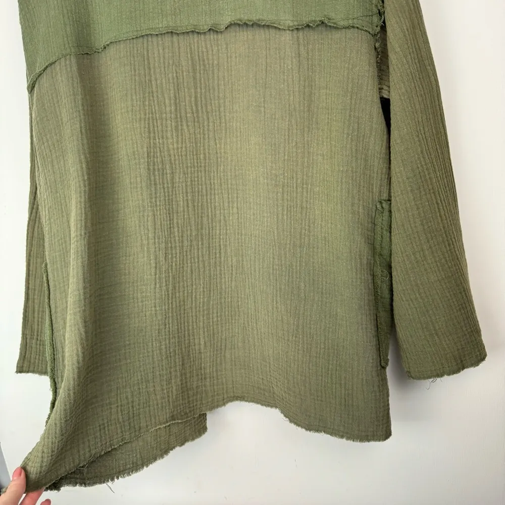 POL Cotton Gauze Open Front Cardigan Jacket Sz Small Olive Army Green Patchwork - Image 16