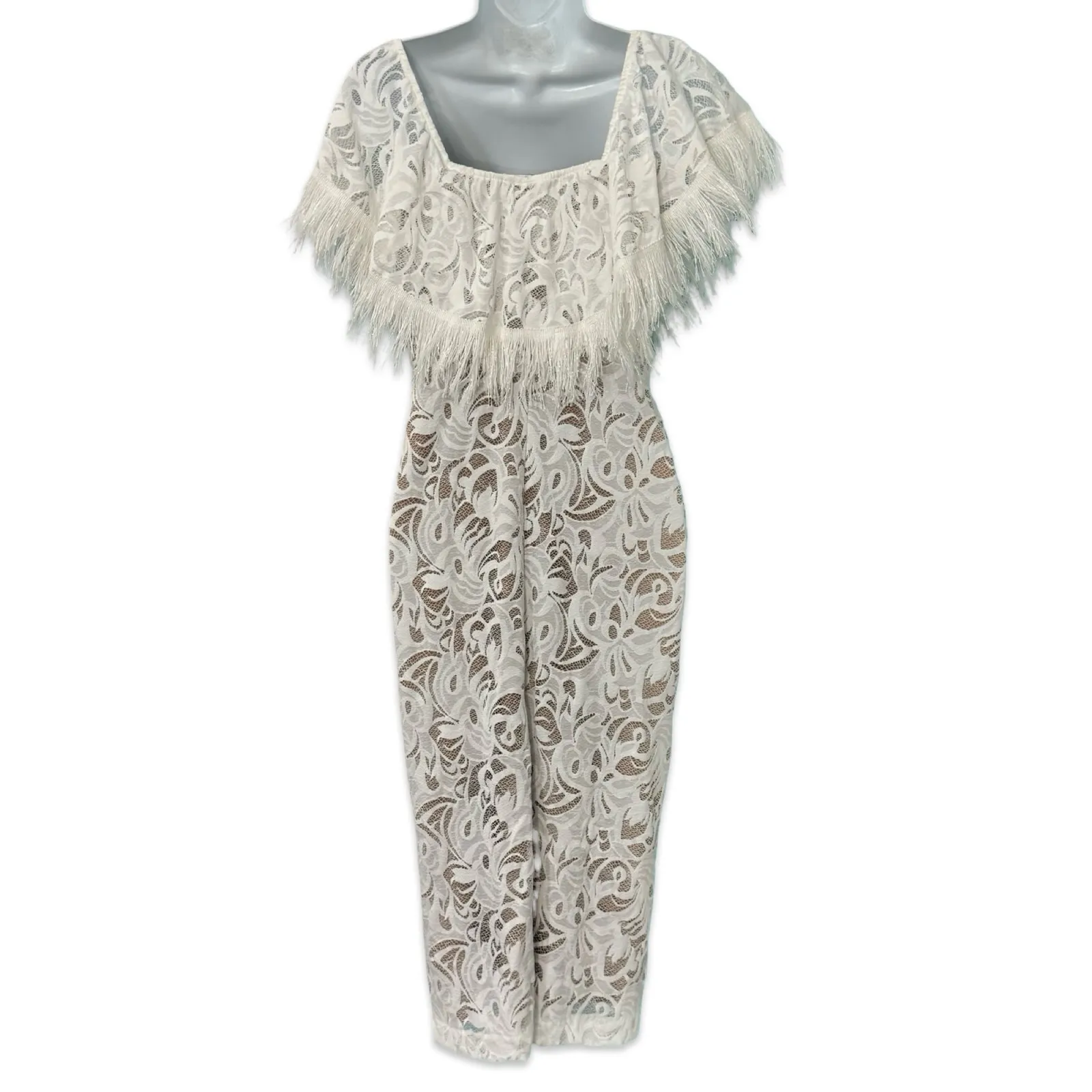 Grace Loves Lace Dominga Nude White Fringe Off Shoulder Midi Wedding Dress sz M Size M - Image 7