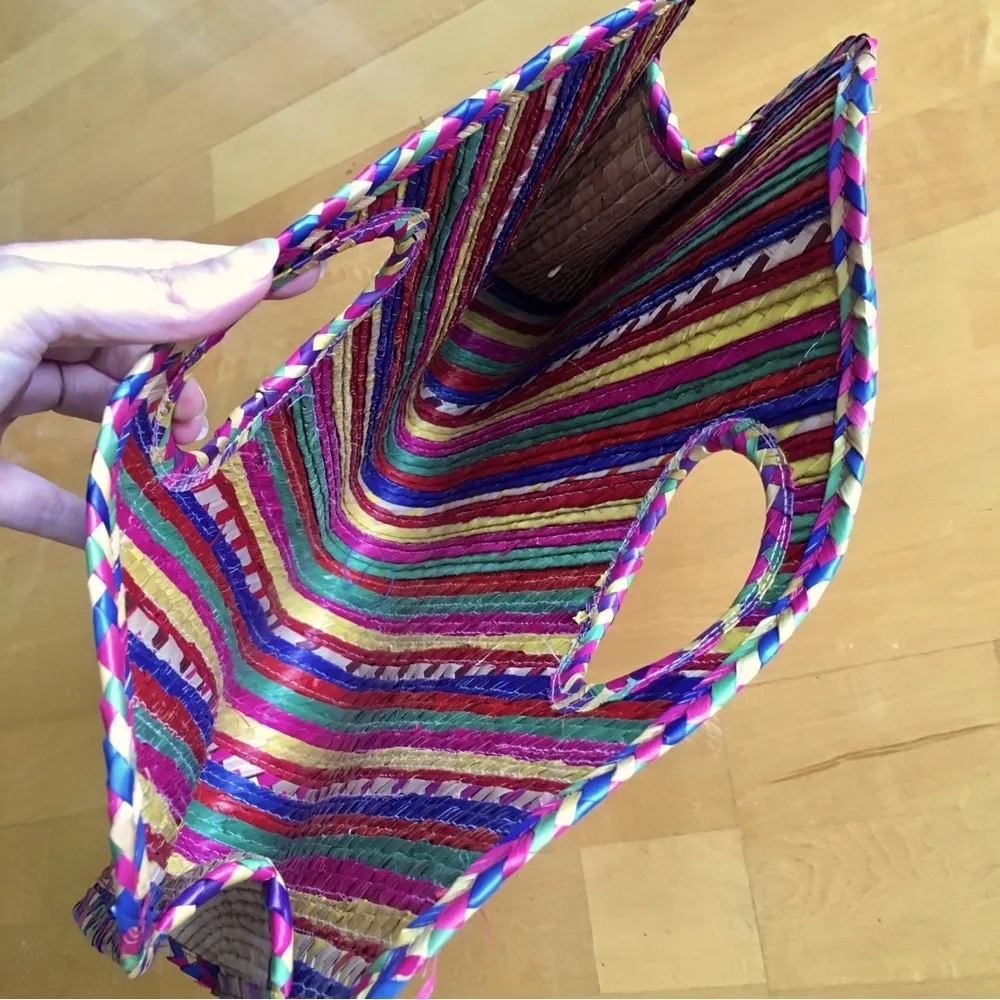 Colorful, Festive, Striped, Straw Open Top Hand Bag Red - Image 8