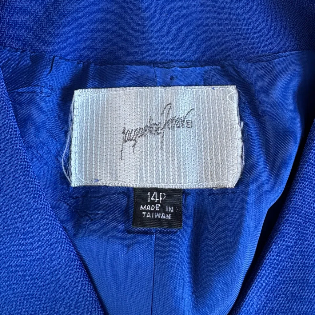 Vintage Jacqueline Ferrar Cobalt Blue Black Blazer Jacket Shoulder Pads 14 Pet Size 14P - Image 5