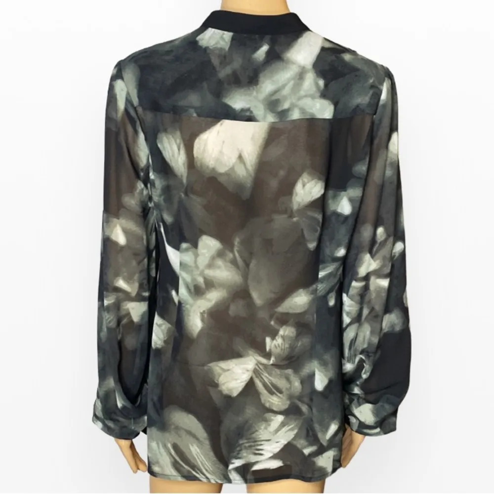 VIVIENNE TAM SHEER BUTTON CAREER SHIRT BLOUSE BLACK OLIVE GREEN SZ 8 LON… - Image 4