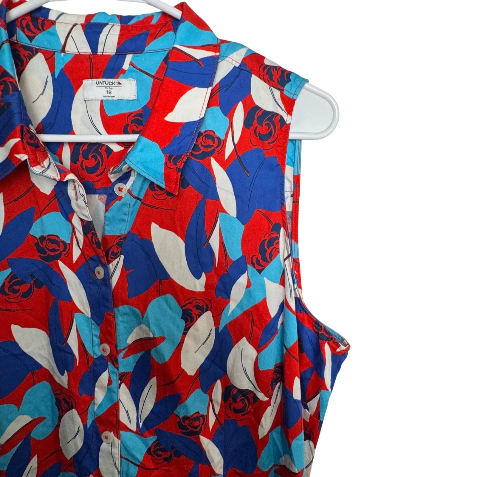 UNTUCKit Women 18 Red Blue White Floral Faye Sleeveless Button Down Shirt Dress - Image 7